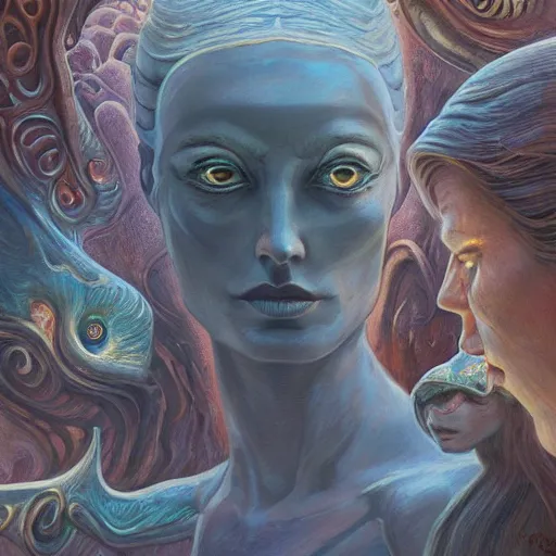 Prompt: detailed face of a woman with opalescent eyes in a biomorphic courtyard with dna sculptures at a science expo, atmospheric, ambient, pj crook, syd mead, livia prima, artgerm, greg rutkowski, nick alm, casey baugh