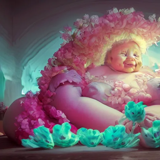 Prompt: of a very funny scene. ambient occlusion render. a sweet fat old woman is giving a birth to a huge colorful fish. flowery dress. mirror. symmetrical face, red mouth, blue eyes. deep focus, lovely scene. ambient occlusion render. concept art. unreal engine.