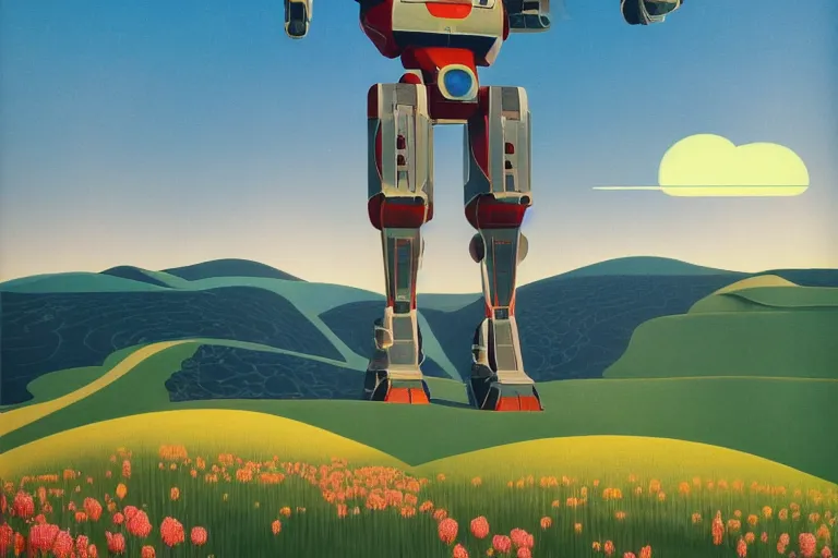 Image similar to giant mecha robot with laser, blooming hills with spring flowers and pillars by helen lundeberg