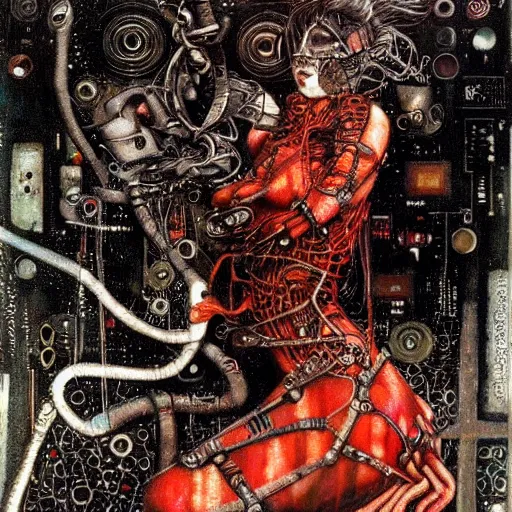 Image similar to depraved cybernetic vampire trapped in circuitry, intricate detail, miro, royo, whealan, klimt,