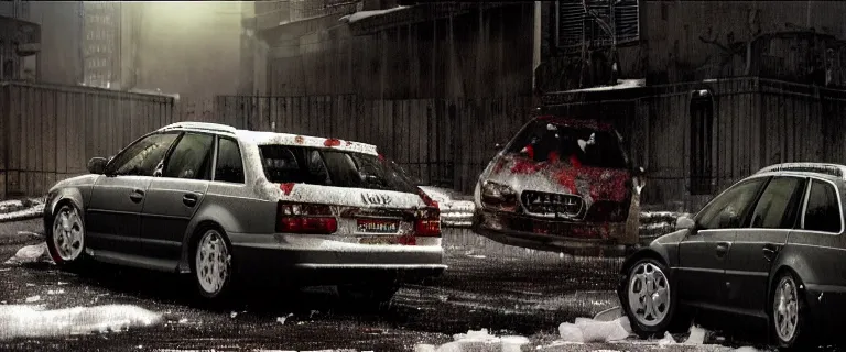 Prompt: Audi A4 B6 Avant (2002), a gritty neo-noir, dramatic lighting, cinematic, eerie person, death, homicide, homicide in the snow, viscera splattered, gunshots, bullet holes, establishing shot, extremely high detail, cracked windows, photorealistic, arson, makeshift grave, burial site, cinematic lighting, artstation, by simon stalenhag, Max Payne (PC) (2001) winter New York at night, In the style of Max Payne 1 graphic novel, flashing lights, Poets of the Fall - Late Goodbye