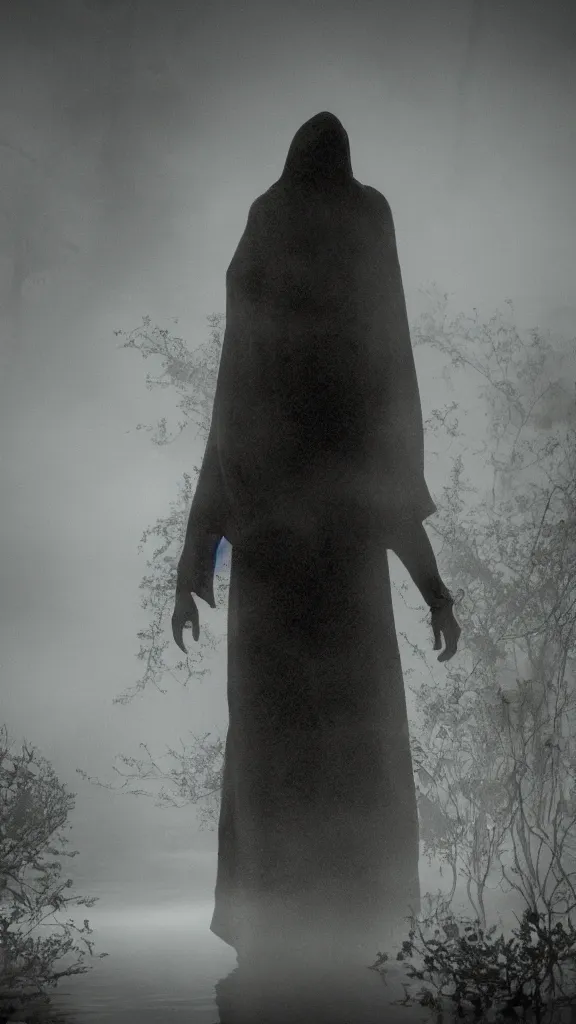 Prompt: photo of a mystical figure in occult robes sneaking through a swamp in the fog, cinematic lighting, highly detailed, horror, epic