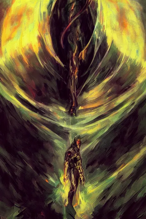 Image similar to an abstract expressionist painting of hyperion, lord of all vampires, tarot card, trending on artstation, digital painting, character concept art portrait, scary