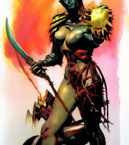 Prompt: portrait of strong female chaos angel, beautiful! coherent! by frank frazetta, by brom, strong line, vivid neon color, spiked scrap metal armor, iron helm maximalist