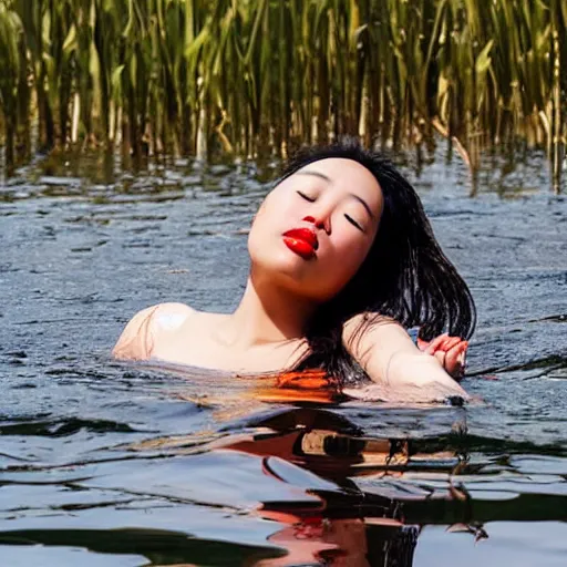 Prompt: Asian woman lying in the water, in the lake, she has red lips, white hair, nearby reeds K10