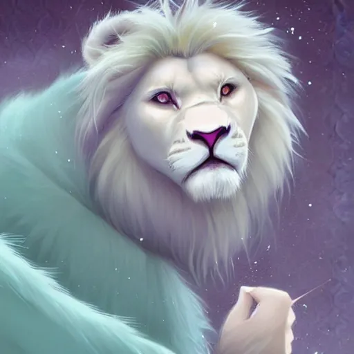 Image similar to aesthetic portrait commission of a albino male furry anthro lion surrounded by glistening floating bubbles while wearing a cute mint colored cozy soft pastel winter outfit, winter Atmosphere. Character design by charlie bowater, ross tran, artgerm, and makoto shinkai, detailed, inked, western comic book art, 2021 award winning painting