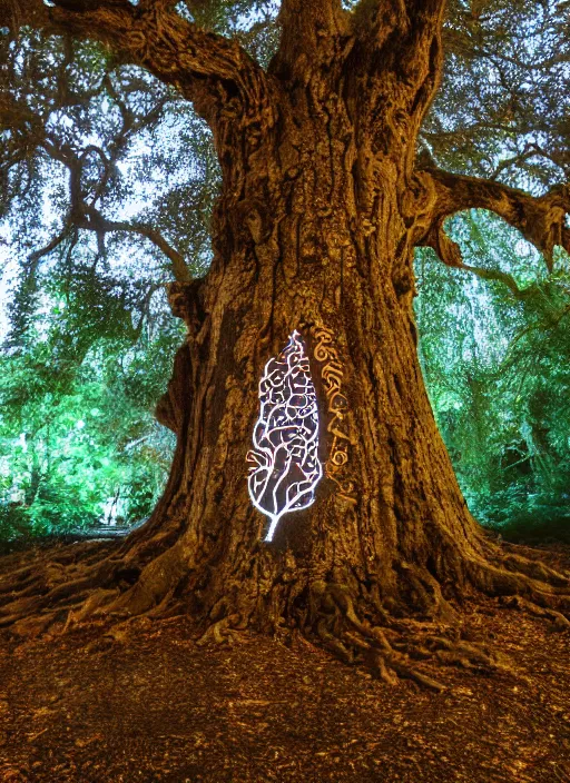 Prompt: very old huge oak tree with fluorescent glowing sigils on bark, glowing metallic leaves