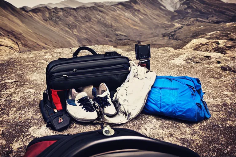 Image similar to a photo of luggage, gear shift, mountain range