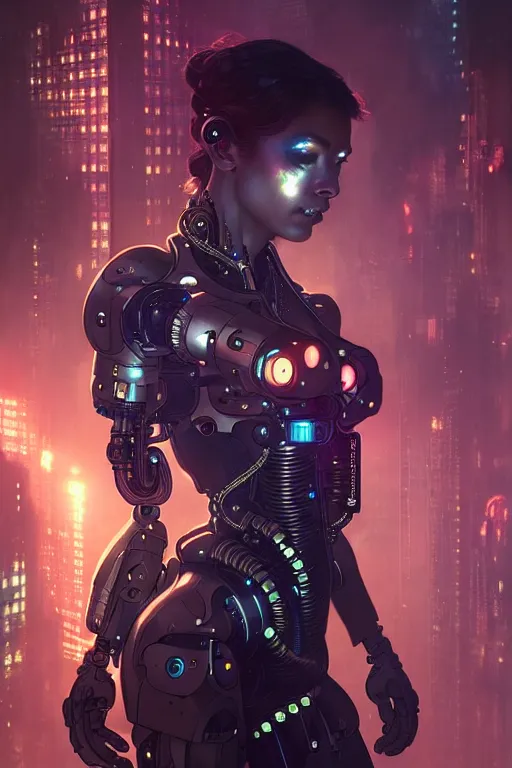 Image similar to ultra realistic, beautiful female cyborg in a crowded smoky cyberpunk club in space megalopolis, sci - fi, intricate details, eerie, highly detailed, octane render, 8 k, art by artgerm and alphonse mucha and greg rutkowski