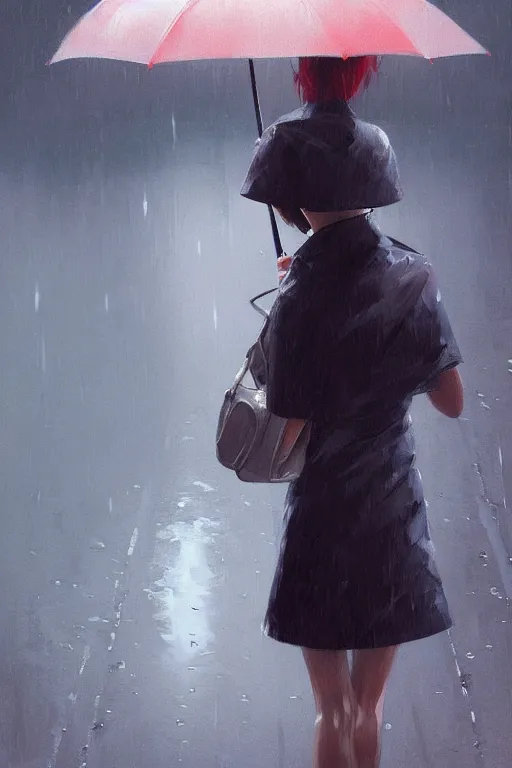 Image similar to A ultradetailed beautiful panting of a stylish girl with an umbrella, rainy day, Oil painting, by Ilya Kuvshinov, Greg Rutkowski and Makoto Shinkai