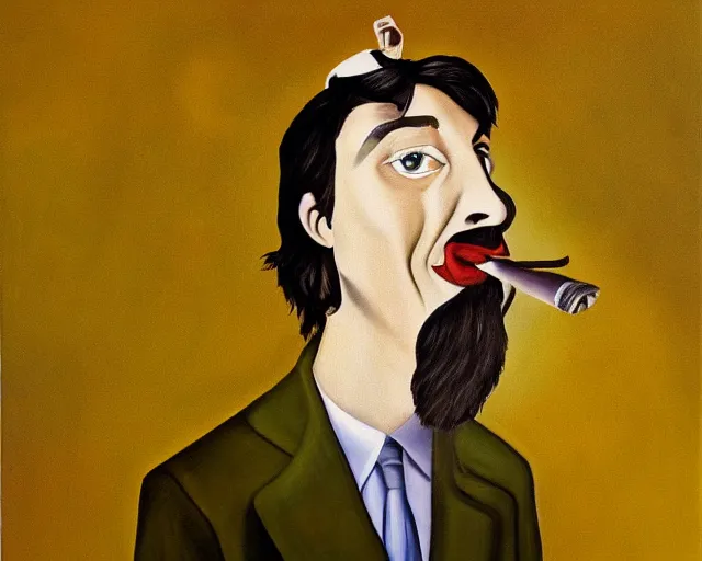 Image similar to a surreal painting of a young man with a horseshoe mustache smoking a joint