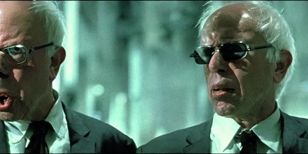 Image similar to Bernie Sanders as Neo in the Matrix, fighting Agent Smith, in screenshot from the Matrix movie