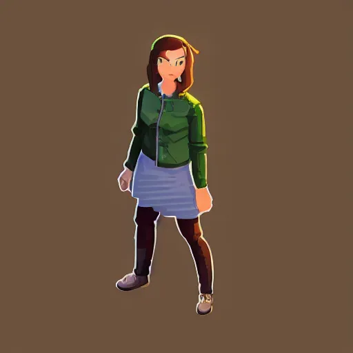 Image similar to isometric view, pixel art, game freak style, a girl, brown jacket with long sleeves, brown hair, hair down, pigtails hair, green eyes, grey background, volumetric lighting, fantasy, d & d, 4 k, trending on artstation, by greg rutkowski, blizzard warcraft