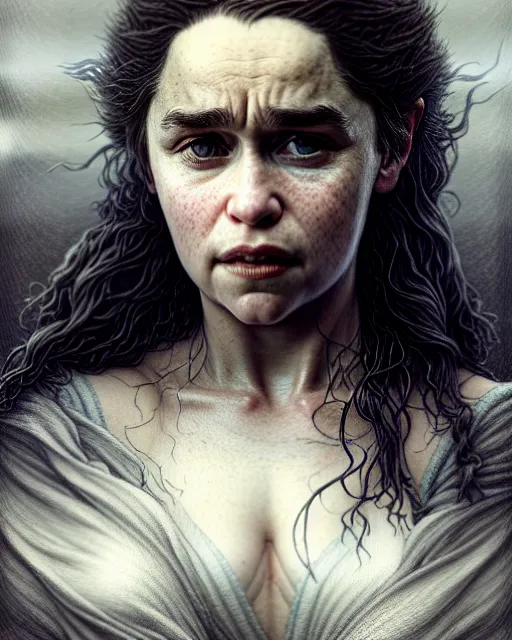 Image similar to emilia clarke, character portrait, portrait, close up, concept art, intricate details, highly detailed by greg rutkowski, michael whelan and gustave dore