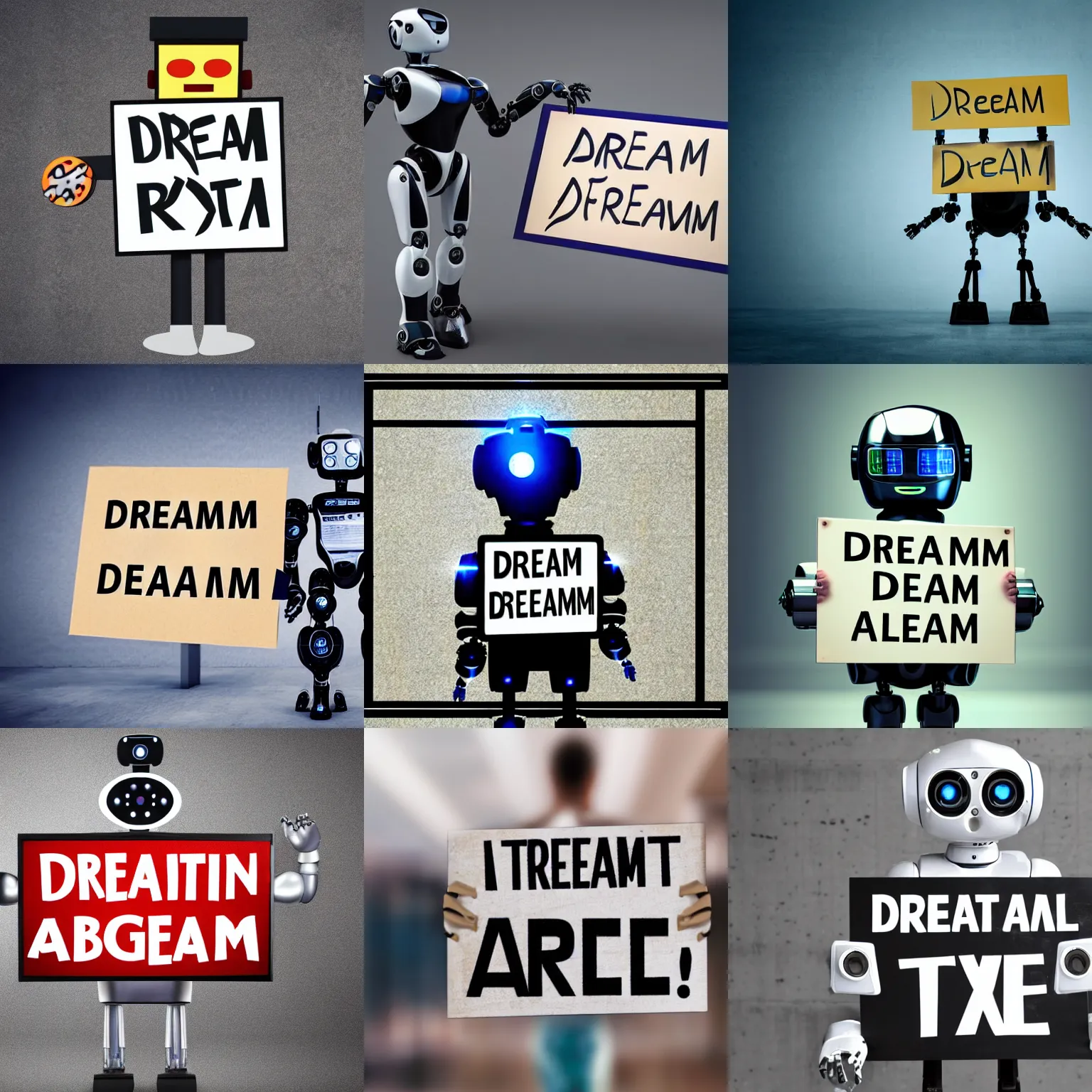 Prompt: artificial intelligence robot holding a sign with text that reads : dream