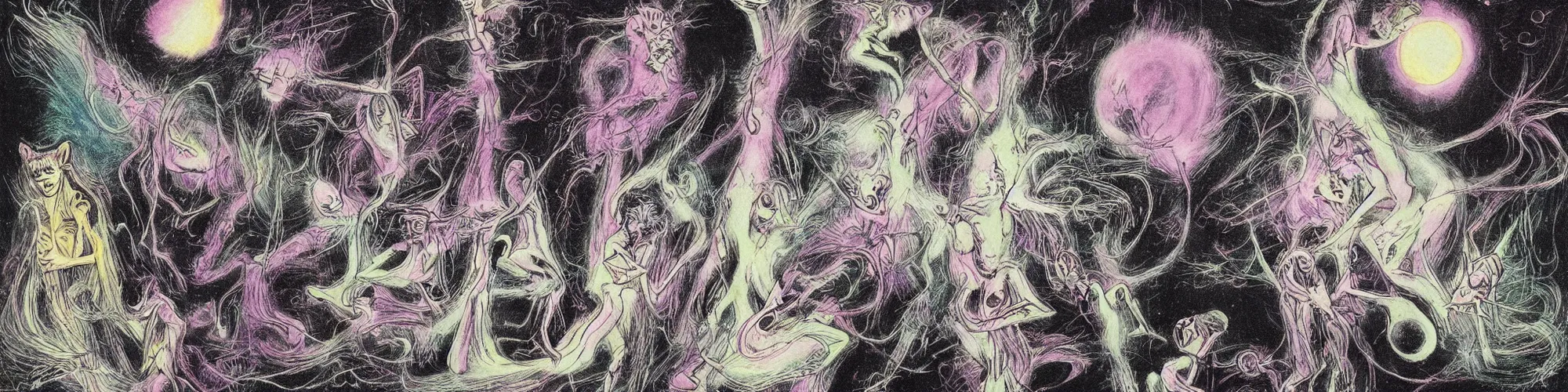 Image similar to dawn of creation ; first atom ; beings of light and darkness ; ethereal plane. bright neon colors. illustrated by maurice sendak and stephen gammell and junji ito and dr seuss