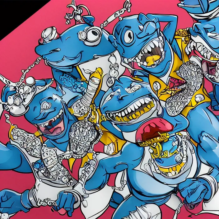 Prompt: jeff koons bauhaus style street sharks wearing diamond grillz, intricate details, photorealistic, 8 k, art by todd mcfarlane