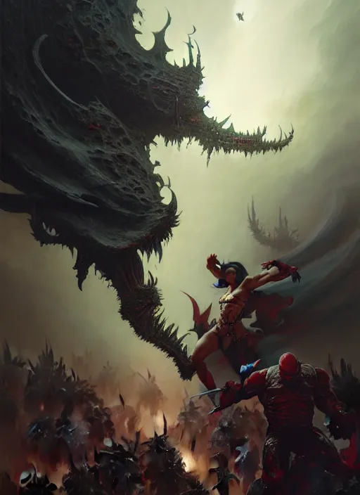 Image similar to fantasy battle between heaven and hell, dim light, front game card, marvel comics, dark, intricate, highly detailed, smooth, artstation, digital illustration by ruan jia and mandy jurgens and artgerm and wayne barlowe and greg rutkowski and zdislav beksinski