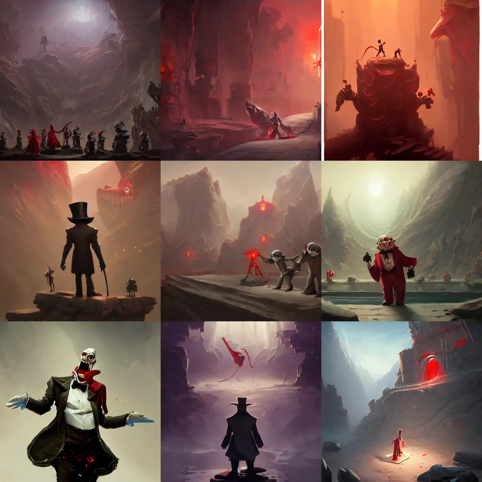 Prompt: epic scene of a puppet master in tuxedo behind red curtens, concept art by Noah Bradley, Darek Zabrocki, Tyler edlin, Jordan Grimmer, Neil Blevins, James Paick, Natasha Tan, highly detailed, ultra detailed, ultra realistic, trending on artstation, masterpiece