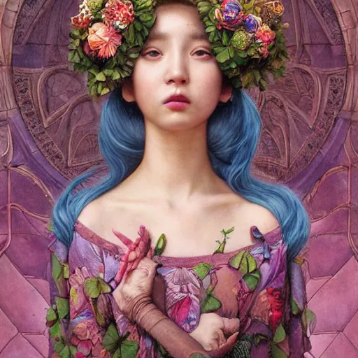 Image similar to princess girl, botanical, portrait face, colorful, kupka, long dress intricate, miles johnston, kuroda seiki, cynical realism, ozabu, john william godward, painterly, yoshitaka amano, moebius, miles johnston, louise zhang, james jean, mark ryden lowbrow pop surrealism art style