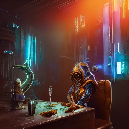 Image similar to a high quality portrait of a Protoss Zealot in a cyberpunk cyberpunk cyberpunk cafe, realism, 8k, award winning photo