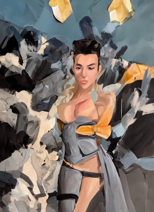 Image similar to detailed artwork by phil noto ; stylized painting of young jennifer connelly from the rocketeer ; brush texture ; asymmetric composition ; paint texture ; trending on artstation ; gallery painting by phil noto, comic style