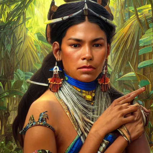 Prompt: A Inca Ruler, artists portrait, wild jungle, fantasy, highly detailed, digital painting, concept art, sharp focus, depth of field blur, illustration, art by artgerm and greg rutkowski and alphonse mucha