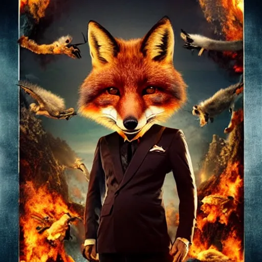 Prompt: hdr quality poster for an action movie called “ fox frigate ”, fearing cool looking anthropomorphic male fox in suit, stealing lots of fried chicken, promotional media