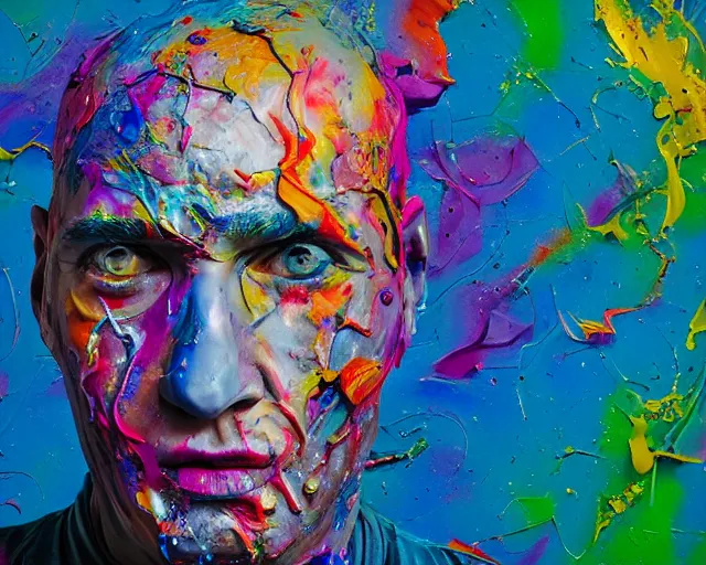 Image similar to abstract expressionist portrait of a head showing strong negative emotions painted with very thick impasto paint and acrylic pour and coloured powder explosion and splashing paint and dripping paint and flying paint chunks, motion blur, hyperrealistic, intricate art photography, anatomically correct, realistic crisp textures, 1 6 k