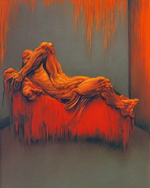 Image similar to thick flowing expressive acrylic painting of an old dead figure sitting on a couch in an old apartment watching the dog on fire,  Beksinski painting, part by Francisco Goya and Gerhard Rich⁷⁷ter. art by James Jean, Francis Bacon masterpiece