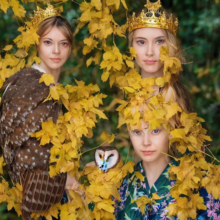 Prompt: portrait photograph of an extremely beautiful!!!! young female , symmetric face!, symmetric round detailed eyes!!, slight smile, natural light, wearing a yellow kimono!! with a very detailed barn owl! on her shoulder in a tropical greenhouse. looking at the camera!!. golden crown made of golden leaves. super resolution. Extremely detailed. Graflex camera!, bokeh!!!!!.