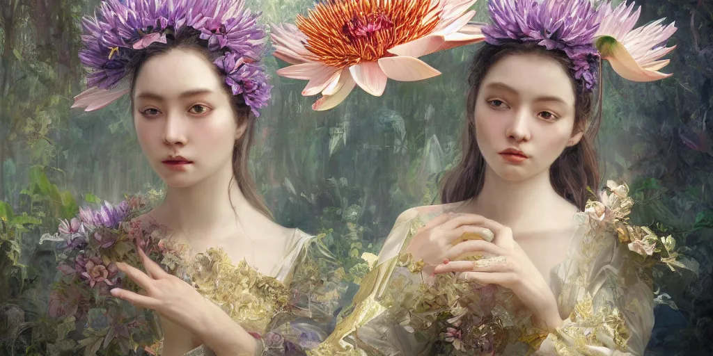 Image similar to breathtaking detailed concept art painting of the goddess of water lily flowers, orthodox saint, with anxious, piercing eyes, ornate background, amalgamation of leaves and flowers, by volegov and Hsiao-Ron Cheng, extremely moody lighting, 8K