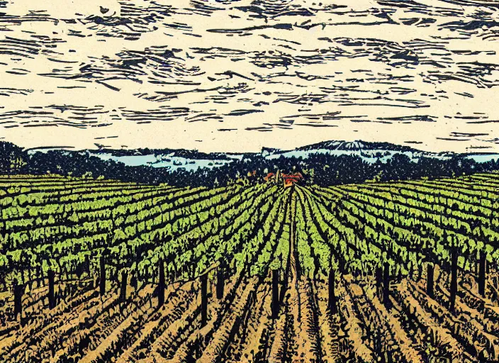 Prompt: linocut vineyard landscape by greg rutkowski, fine details, highly detailed