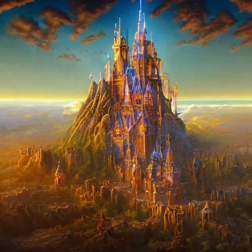 Prompt: A digital intricate masterpiece illustration concept art of a mighty steampunk disney castle with its top in the heaven, taiga landscape + inspired art by Bruce Pennington, Ted Naismith, Daniel Merriam + symmetry + intricate complexity, epic composition, magical atmosphere, highly detailed, cinematic lighting + wide long shot, wide angle + trending on artstation + 8k