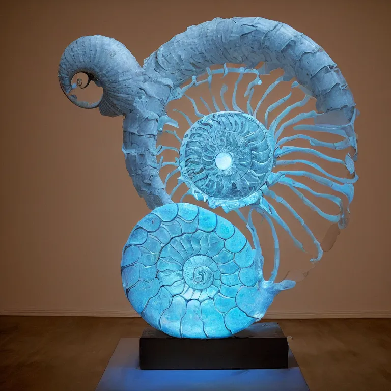 Prompt: hyperrealistic sculpture of a bronze fossilized nautilus ammonite dusted with blue spraypaint in a grid cage on a pedestal by ron mueck and duane hanson and lee bontecou, hyperrealistic dramatic colored lighting trending on artstation 8 k