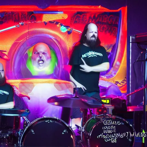 Prompt: the band meshuggah performing at chuck e. cheese, 8 k, high definition, highly detailed, photo - realistic