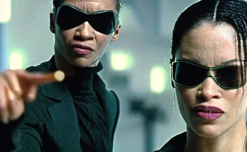 Image similar to film still of Goldie MBE as Neo in The Matrix, 8k,