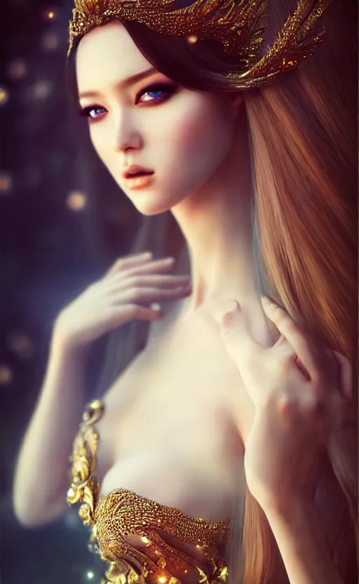 Prompt: a fantasy photo of gorgeous russian female, evening gown, bokeh, medium shot, beautiful face, professionally retouched, soft lighting, realistic, smooth face, perfect eyes, sharp focus, 8 k realistic high definition, insanely detailed, intricate, elegant, art by artgerm and kyoung hwan kim