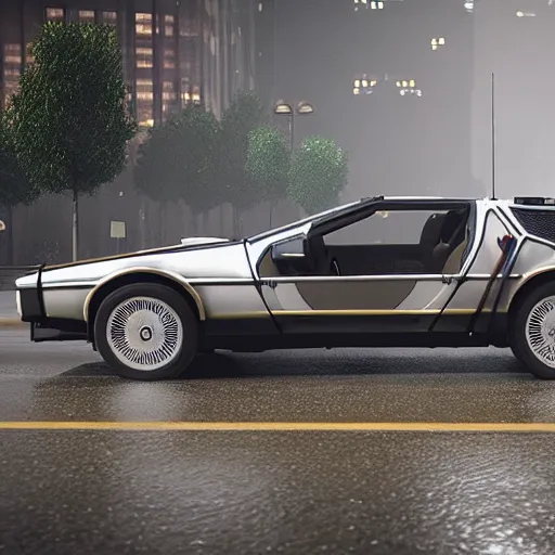 Image similar to hyperdetailed, photorealistic photograph of a dmc 1 2 delorean driving in the streets, rain, night, dense fog, hd, unreal engine 5