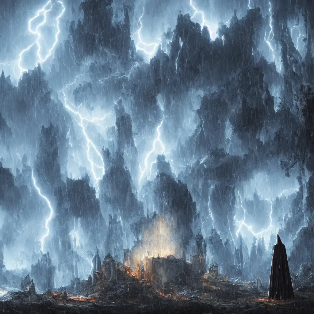 Image similar to a still of a cloaked figure standing in the ruins of crux prime, monastery, there is lightning, blue fiery maelstrom in the distance, it is raining, digital art, artstationhq