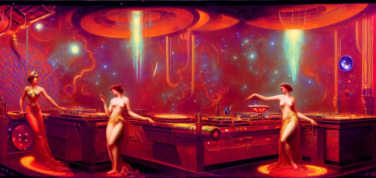 Prompt: future empress of the galaxy at a dj booth, hard lighting, full body, futuristic, neon, luxurious, industrial party, smoke, lasers painting by gaston bussiere, craig mullins, j. c. leyendecker, lights, art by ernst haeckel, john william godward, hammershøi