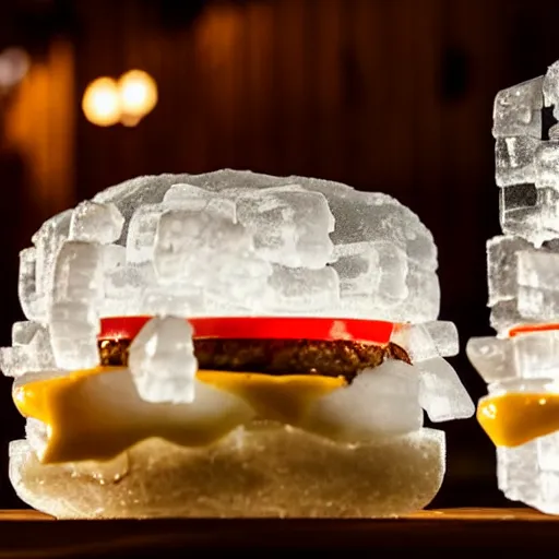 Image similar to a clear ice sculpture of a burger made entirely of ice, 4 k