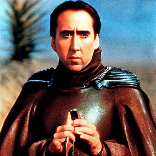 Prompt: Nicholas Cage in Dune, blue eyes