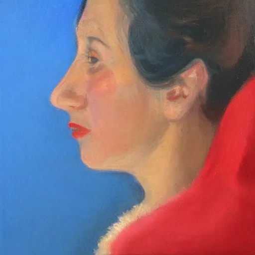 Prompt: profile portrait in peruvian realist style ( 1 9 5 4 ), old!!!, cerulean blue, cadmium red, zinc white, overhead lighting, detailed, expressive, shadows