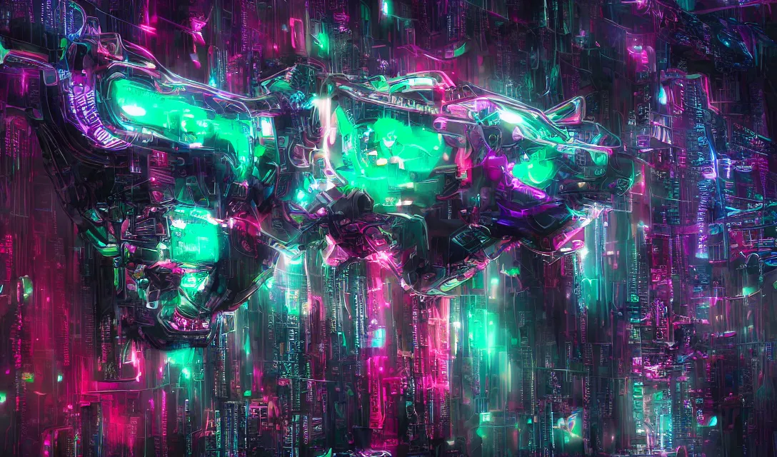 Image similar to complex cyberpunk machine background merged with evil cybernetic goat head, symmetric, multicolored digital art, 8k