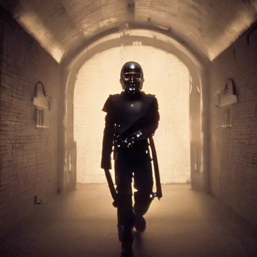 Prompt: movie still of a man with a cyborg leon helmet, cinematic composition, cinematic light, by edgar wright and david lynch