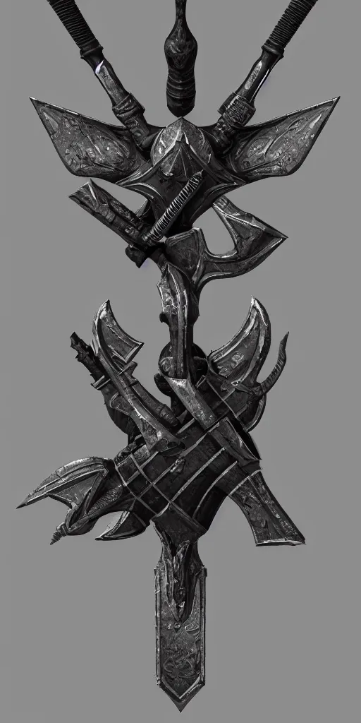 Image similar to a black and silver axe skull crest, ornament, weapon, render by dom qwe, trending on polycount, artstation, hard surface modeling, zbrush