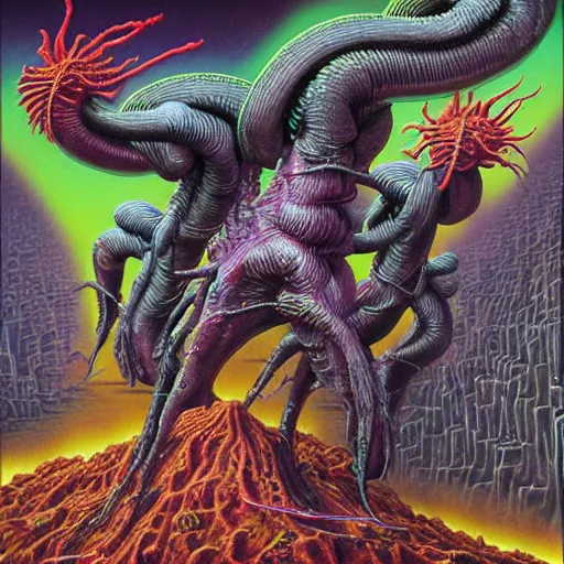 Prompt: thrash metal album cover in the style of wayne barlowe, realistic, insanely detailed, intricate, smooth, airbrush, play-doh art by kenny scharf and philippe druillet