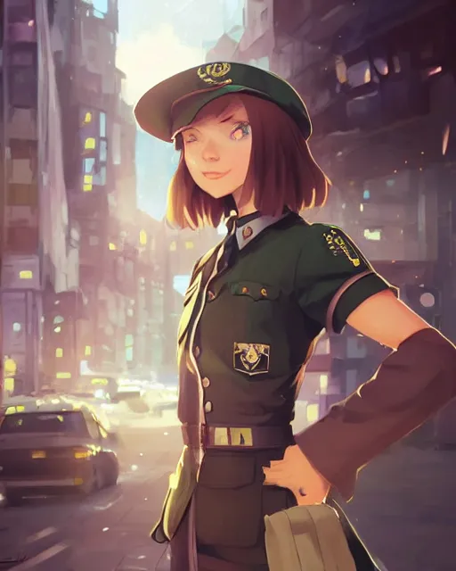 Image similar to young woman with shoulder length light brown hair and hazel eyes dressed in a sharp dark teal military uniform and beret, smiling, blurred city background in twilight lighting, anime, ilya kuvshinov, greg rutkowski, guweiz, ross tran, loish, svetlana tigai, artgerm, artstation trending, concept art, digital painting