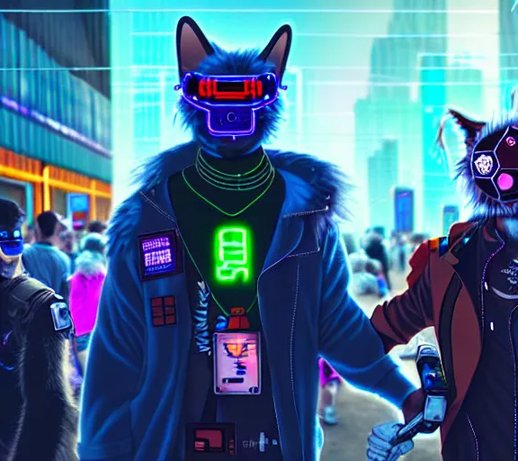 Image similar to high - resolution photograph from a cyberpunk era furry fandom convention ( midwest furfest 2 0 4 7 ), taking place after the genetic revolution and singularity. photorealistic.